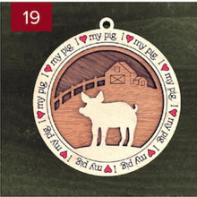 Load image into Gallery viewer, Farm animal ornament.  Adorable ornament displays your choice of farm animals and a farm background you can choose.  Wording around the edges states I love (shown as a red heart) with the animal of your choosing. 
