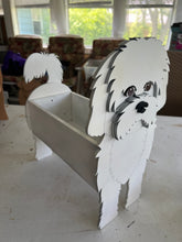 Load image into Gallery viewer, Let this adorable Maltese Dog Planter help welcome guests to your home. Customize with dog tags with your dogs name also available (please message us - adds $5 to cost of planter box).  Great gift for the dog lovers in your life!

