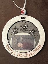 Load image into Gallery viewer, Add your picture to these adorable ornaments to create a treasured family keepsake.  You choose the wording around the outside, or add a name.  The possibilities are endless!
