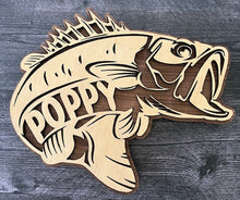 Load image into Gallery viewer, Reel in the ideal gift for the avid fisherman in your life with our stunning Large Mouth Bass Sign. This customizable masterpiece allows you to hook the perfect present by choosing from options like &quot;Dad,&quot; &quot;Grandpa,&quot; &quot;Papa,&quot; &quot;Uncle,&quot; or leaving it blank for a timeless touch. Additionally, we offer the option to add custom text, ensuring a truly personalized and thoughtful gift.
