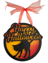 Load image into Gallery viewer, Get ready to spookify your space with our Scary Black Cat Halloween Sign – the perfect way to welcome all who dare to enter your haunted abode! Measuring approximately 12&quot; round, this chilling sign is designed to send shivers down the spine and set the eerie tone for your Halloween decor.

