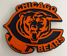 Load image into Gallery viewer, A Chicago Bears themed 3D wall sign featuring the team's bear head logo, 'CHICAGO BEARS' text, and a football graphic in vibrant orange and black.
