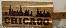 Load image into Gallery viewer, Step up your appetizers this your with this incredible Chicago Skyline Charcuterie Board featuring the Chicago skyline with the word CHICAGO under it.&nbsp;&nbsp;
