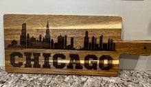 Load image into Gallery viewer, Step up your appetizers this your with this incredible Chicago Skyline Charcuterie Board featuring the Chicago skyline with the word CHICAGO under it.&nbsp;&nbsp;
