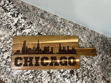 Load image into Gallery viewer, Step up your appetizers this your with this incredible Chicago Skyline Charcuterie Board featuring the Chicago skyline with the word CHICAGO under it.&nbsp;&nbsp;
