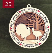 Load image into Gallery viewer, Farm animal ornament.  Adorable ornament displays your choice of farm animals and a farm background you can choose.  Wording around the edges states I love (shown as a red heart) with the animal of your choosing. 
