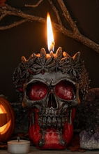 Load image into Gallery viewer, This creepy skull with leaf crown beeswax candle is sure to be a hit with your goth or Halloween loving friends.  Adds the perfect touch to Halloween decor.  This cryptic, gothic candle is great for Halloween decorations, gifts for skull loving friends, gothic decor, fall decor or just scary decor.  
