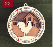 Load image into Gallery viewer, Farm animal ornament.  Adorable ornament displays your choice of farm animals and a farm background you can choose.  Wording around the edges states I love (shown as a red heart) with the animal of your choosing. 
