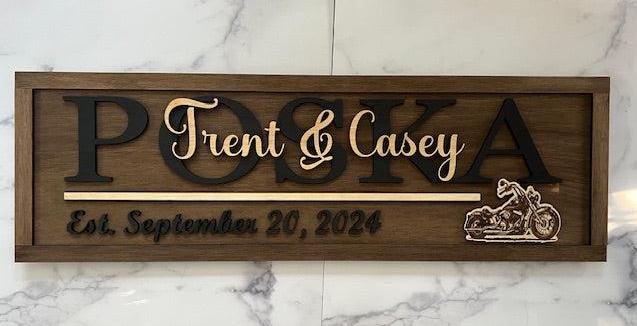 This gorgeous Family Name Sign is sure to add that special touch to any area of your home.  Fully customizable, you can add different icons to the lower right corner (in place of the motorcycle) to make it uniquely yours - just let us know what suits you best and we'll get it done.