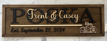 Load image into Gallery viewer, This gorgeous Family Name Sign is sure to add that special touch to any area of your home.  Fully customizable, you can add different icons to the lower right corner (in place of the motorcycle) to make it uniquely yours - just let us know what suits you best and we&#39;ll get it done.
