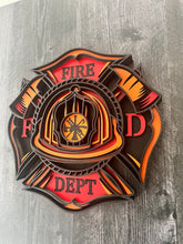 Load image into Gallery viewer, Honor the courage, dedication, and tradition of the fire service with this striking 5-layer Fire Department sign. Designed in the classic Maltese cross shape, this dimensional wood sign features a detailed firefighter helmet surrounded by crossed axes and bold “FIRE DEPT” lettering.
