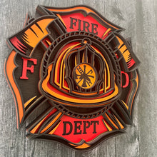 Load image into Gallery viewer, Honor the courage, dedication, and tradition of the fire service with this striking 5-layer Fire Department sign. Designed in the classic Maltese cross shape, this dimensional wood sign features a detailed firefighter helmet surrounded by crossed axes and bold “FIRE DEPT” lettering.
