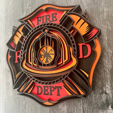 Load image into Gallery viewer, Honor the courage, dedication, and tradition of the fire service with this striking 5-layer Fire Department sign. Designed in the classic Maltese cross shape, this dimensional wood sign features a detailed firefighter helmet surrounded by crossed axes and bold “FIRE DEPT” lettering.
