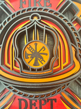 Load image into Gallery viewer, Honor the courage, dedication, and tradition of the fire service with this striking 5-layer Fire Department sign. Designed in the classic Maltese cross shape, this dimensional wood sign features a detailed firefighter helmet surrounded by crossed axes and bold “FIRE DEPT” lettering.
