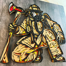Load image into Gallery viewer, Honor the bravery, strength, and dedication of a firefighter with this striking 4-layer wooden firefighter sign. Featuring a firefighter in full turnout gear and breathing apparatus, kneeling beside a detailed fire axe, this piece captures the courage and determination of those who answer the call.
