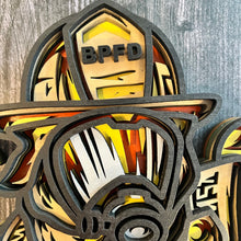 Load image into Gallery viewer, Honor the bravery, strength, and dedication of a firefighter with this striking 4-layer wooden firefighter sign. Featuring a firefighter in full turnout gear and breathing apparatus, kneeling beside a detailed fire axe, this piece captures the courage and determination of those who answer the call.

