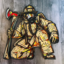 Load image into Gallery viewer, Honor the bravery, strength, and dedication of a firefighter with this striking 4-layer wooden firefighter sign. Featuring a firefighter in full turnout gear and breathing apparatus, kneeling beside a detailed fire axe, this piece captures the courage and determination of those who answer the call.
