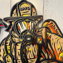 Load image into Gallery viewer, Honor the bravery, strength, and dedication of a firefighter with this striking 4-layer wooden firefighter sign. Featuring a firefighter in full turnout gear and breathing apparatus, kneeling beside a detailed fire axe, this piece captures the courage and determination of those who answer the call.
