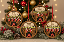 Load image into Gallery viewer, Celebrate everyone who makes your house a home with this beautiful Personalized Family Christmas Ornament. Featuring a cozy fireplace scene, personalized stockings, and your family name on the mantel, this hand-painted keepsake is a special way to celebrate your family at Christmas.
