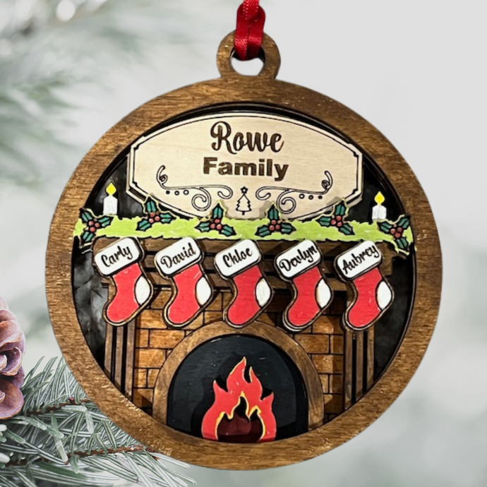 Our exquisite Fireplace Ornament with Personalized Stockings & Family Name on mantle – the perfect addition to your holiday décor that captures the essence of family warmth and festive joy. Transform your Christmas tree into a cherished symbol of togetherness with this beautifully crafted keepsake ornament.