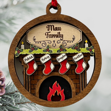 Load image into Gallery viewer, Our exquisite Fireplace Ornament with Personalized Stockings &amp; Family Name on mantle – the perfect addition to your holiday décor that captures the essence of family warmth and festive joy. Transform your Christmas tree into a cherished symbol of togetherness with this beautifully crafted keepsake ornament.
