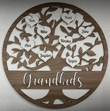 Load image into Gallery viewer, Family Tree Sign - white background with a walnut overlay of a tree.  Banner at the bottom for custom text such as grandkids, God&#39;s Gifts, our Family or several other choices.  Add hearts with loved ones names in them to the top of the tree to create a treasured, personalized gift.
