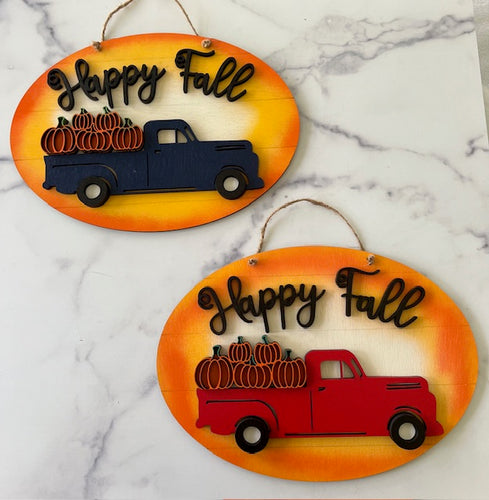 Welcome guests to your home this fall with this Happy Fall sign sporting a vintage truck carrying pumpkins!