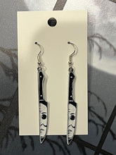 Load image into Gallery viewer, Add a bit of Halloween flare to any outfit with these scary Knife Horror Earrings!&nbsp; The perfect way to welcome in the Halloween season.&nbsp; Also makes a fantastic gift.
