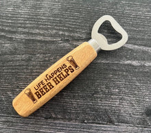 Load image into Gallery viewer, Pop open your favorite beverage in style with our engraved wood-handled bottle openers! Crafted with a durable stainless steel opener and a smooth wooden handle, these openers offer a comfortable grip and a sleek, rustic look.
