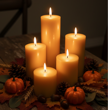 Load image into Gallery viewer, Classic 3" round beeswax pillar candles, available in 5 sizes (select size and quantity from drop down menus when ordering).&nbsp;&nbsp;These bright glowing pillars will fill the air with a natural hint of warm, fresh honey, purifying your air all the while. A favorite for housewarming gifts, these handmade candles are perfect for your needs and have a very long burn time!&nbsp;
