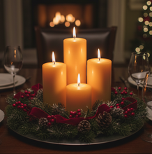 Load image into Gallery viewer, 3" round pure beeswax pillar candles, unscented in a holiday centerpiece.
