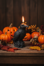 Load image into Gallery viewer, Dark &amp; mysterious, this&nbsp;Raven Beeswax Candle represents a deeper connection between the physical &amp; spiritual world in many cultures. &nbsp;

Because of its black plumage, croaking call, and diet of carrion, the raven is often associated with loss and ill omen. Yet, its symbolism is complex. As a talking bird, the raven also represents prophecy and insight. Ravens in stories often act as psychopomps, connecting the material world with the world of spirits.
