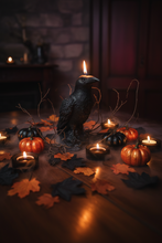 Load image into Gallery viewer, Dark &amp; mysterious, this&nbsp;Raven Beeswax Candle represents a deeper connection between the physical &amp; spiritual world in many cultures. &nbsp;

Because of its black plumage, croaking call, and diet of carrion, the raven is often associated with loss and ill omen. Yet, its symbolism is complex. As a talking bird, the raven also represents prophecy and insight. Ravens in stories often act as psychopomps, connecting the material world with the world of spirits.
