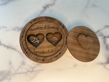 Load image into Gallery viewer, Elevate the presentation of your wedding rings with our exquisite Ring Bearer Box – the perfect alternative to the traditional ring bearer pillow. This 6&quot; round box is designed to add an extra touch of elegance to your wedding ceremony, providing a beautiful showcase for your precious rings.
