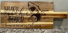 Load image into Gallery viewer, Add some laughter to your next party with this Shark Coochie Board.&nbsp; Engraved with a shark, this charcuterie board reads Shark Coochie Board, Becuase no one can say Char-cu-te-rie.
