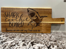 Load image into Gallery viewer, Add some laughter to your next party with this Shark Coochie Board.&nbsp; Engraved with a shark, this charcuterie board reads Shark Coochie Board, Becuase no one can say Char-cu-te-rie.
