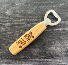 Load image into Gallery viewer, Pop open your favorite beverage in style with our engraved wood-handled bottle openers! Crafted with a durable stainless steel opener and a smooth wooden handle, these openers offer a comfortable grip and a sleek, rustic look.
