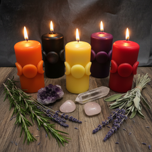 Load image into Gallery viewer, Bring a little magic into your home with this enchanting Moon Phase Beeswax Candle, featuring the Triple Goddess symbol surrounded by the colors of the seven chakras. Representing intuition, balance, feminine energy, and spiritual connection, this beautifully detailed candle is perfect for anyone drawn to Wiccan, Pagan, or mystical traditions.
