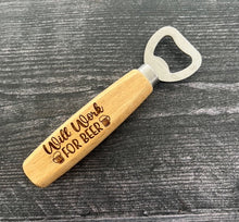 Load image into Gallery viewer, Pop open your favorite beverage in style with our engraved wood-handled bottle openers! Crafted with a durable stainless steel opener and a smooth wooden handle, these openers offer a comfortable grip and a sleek, rustic look.
