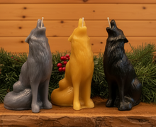 Load image into Gallery viewer, Add the call of the wild to your home with this majestic, howling wolf beeswax candle. Striking howling wolf design will be a beautiful addition to your woodland or cabin décor.    Makes a unique birthday or Christmas gift for the outdoors or nature lovers in your life.  
