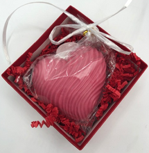 Load image into Gallery viewer, That special someone is sure to feel the love this Valentines Day when they open this fantastic Valentines Day Gift Box Trio.  A stack of 3 red boxes tied with a white ribbon.  Set contains 1 Red Beeswax Rose Pillar Candle, 1 Lavender Bath Bomb &amp; 1 Heart Shaped Goat&#39;s Milk Soap in either Lavender or Rose Geranium scents.

