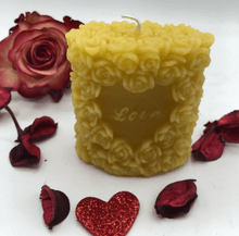 Load image into Gallery viewer, This adorable Love &amp; Roses Beeswax Candle is a great Valentine&#39;s Day gift for that special someone or at wedding receptions or as wedding shower favors!
