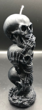 Load image into Gallery viewer, See No Evil, Hear No Evil, Speak No Evil Beeswax Skull Totum. Tower of 3 skulls.
