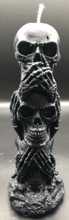 Load image into Gallery viewer, See No Evil, Hear No Evil, Speak No Evil Beeswax Skull Totum.  Tower of 3 skulls.

