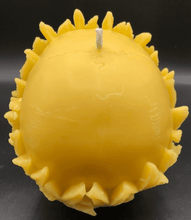 Load image into Gallery viewer, Large, Creepy, gothic skull beeswax candle with leaf crown.  Eyes glow when lit.  Halloween decor or gothic decor.  Top view.
