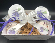 Load image into Gallery viewer, Sooth your cares away with this amazing Lavender Bath &amp; Lotion Gift Basket!  Luscious lavender sent soothes your senses while our creamy Lavender Body Butter locks in moisture.  The handy Lavender Lotion Bar is perfect to take with your to keep your hands moist &amp; soft all day long.
