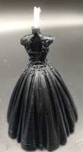 Load image into Gallery viewer, This elegant wedding / quinceanera dress silhouette beeswax candle with a lace top and flowing wedding gown bottom now in BLACK is perfect for Halloween weddings, Gothic weddings, wedding showers, wedding rehearsal dinners, quinceanera celebrations or gifts.  Picture these beautiful candles at each of the wedding shower or rehearsal dinner tables ready for the evenings events. Or use as a fun and elegant gift bag item for wedding party members. Guaranteed to make a lasting impression! 

