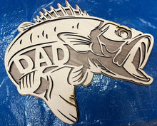 Load image into Gallery viewer, Surprise that fisherman in your life with this incredibly detailed Bass Sign.  Choose the wording you&#39;d like inside to read Dad, Grandpa, Papa, Uncle or you can choose to not have any writing at all.  Front made with Maple &amp; the backer is Walnut.
