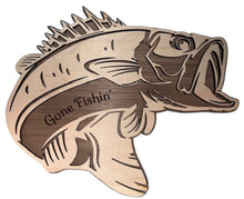 Load image into Gallery viewer, Bass fish jumping out of the water.  The front is made of maple plywood and the backer is walnut.  Customizable with personalized wording or options to add Dad, Papa, Grandpa or Uncle to make it the perfect gift for the fisherman in your life.  Custom home decor is all handmade.  
