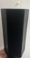 Load image into Gallery viewer, 6&quot; tall black hexagonal shaped pillar candle adds a unique twist to the typical pillar candle &amp; adds some character and originality to any home.  These candles last many hours to alight your home with a beautiful, relaxing glow.  Great as a housewarming gift, wedding gift, or for use in meditation or worship.
